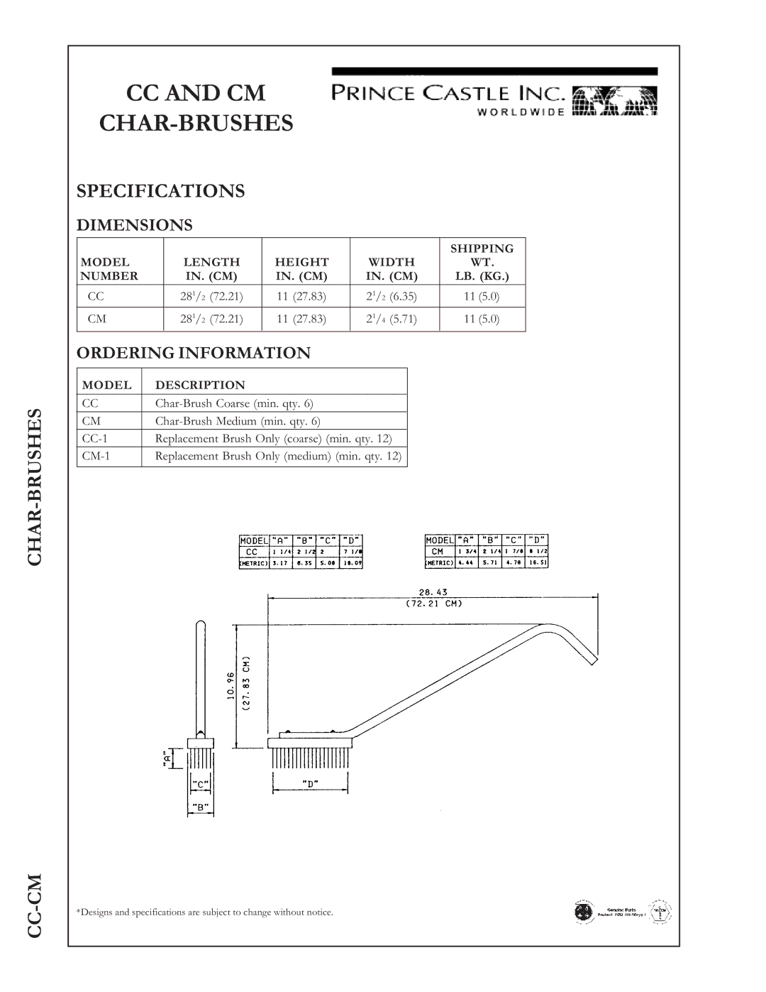 Prince Castle manual CC and CM CHAR-BRUSHES, Char-Brushes Cc-Cm, Specifications, Dimensions, Ordering Information 