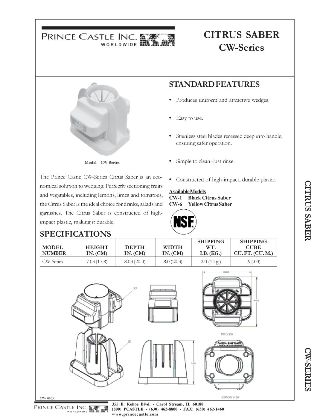 Prince Castle CW-Series specifications Citrus Saber, Standardfeatures, Specifications, Cw-Series 