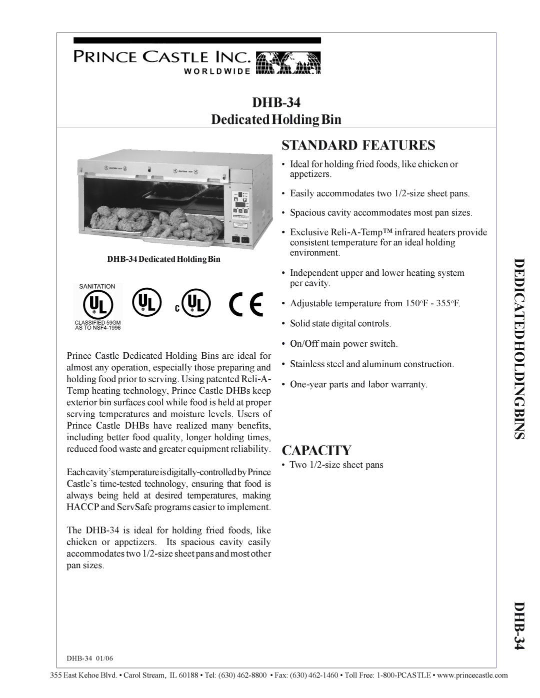 Prince Castle DHB-34 warranty Standard Features, Capacity, Dedicatedholdingbins 