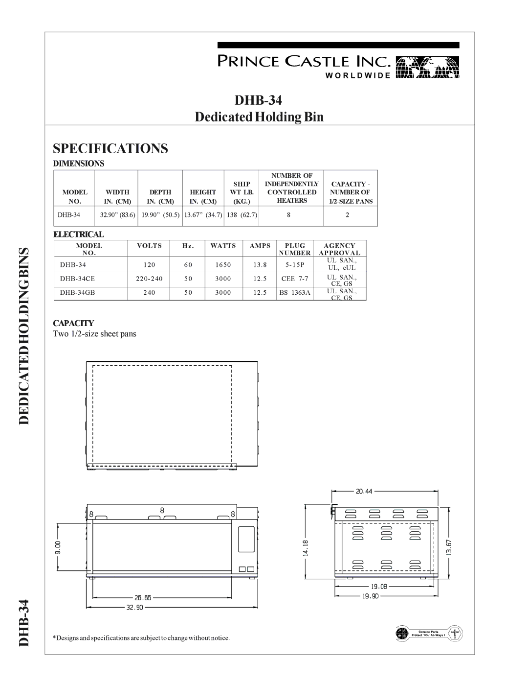 Prince Castle DHB-34 warranty Specifications, Dimensions, Electrical, Capacity 