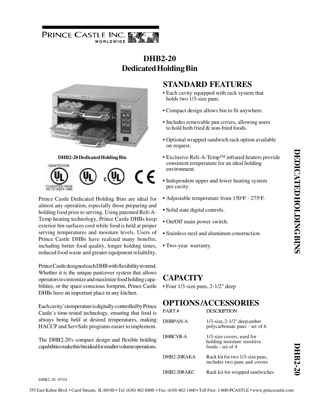 Prince Castle DHB2-20 warranty Standard Features, Capacity, Dedicatedholdingbins, Options /ACCESSORIES 