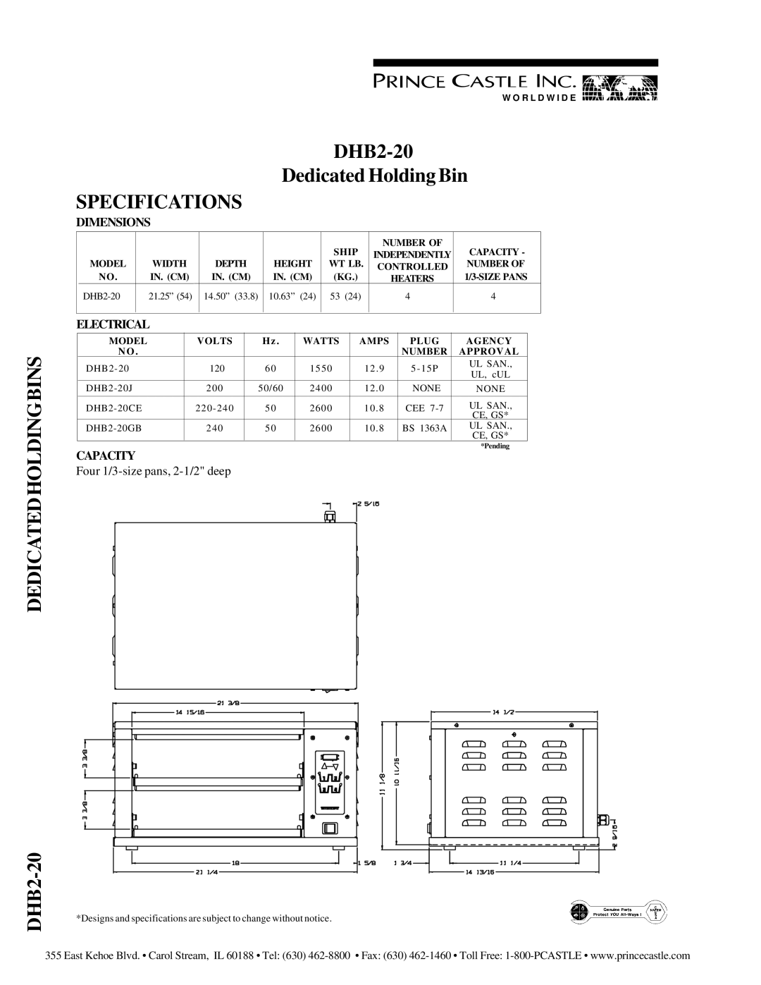 Prince Castle DHB2-20 warranty Specifications, Dimensions, Electrical, Capacity 