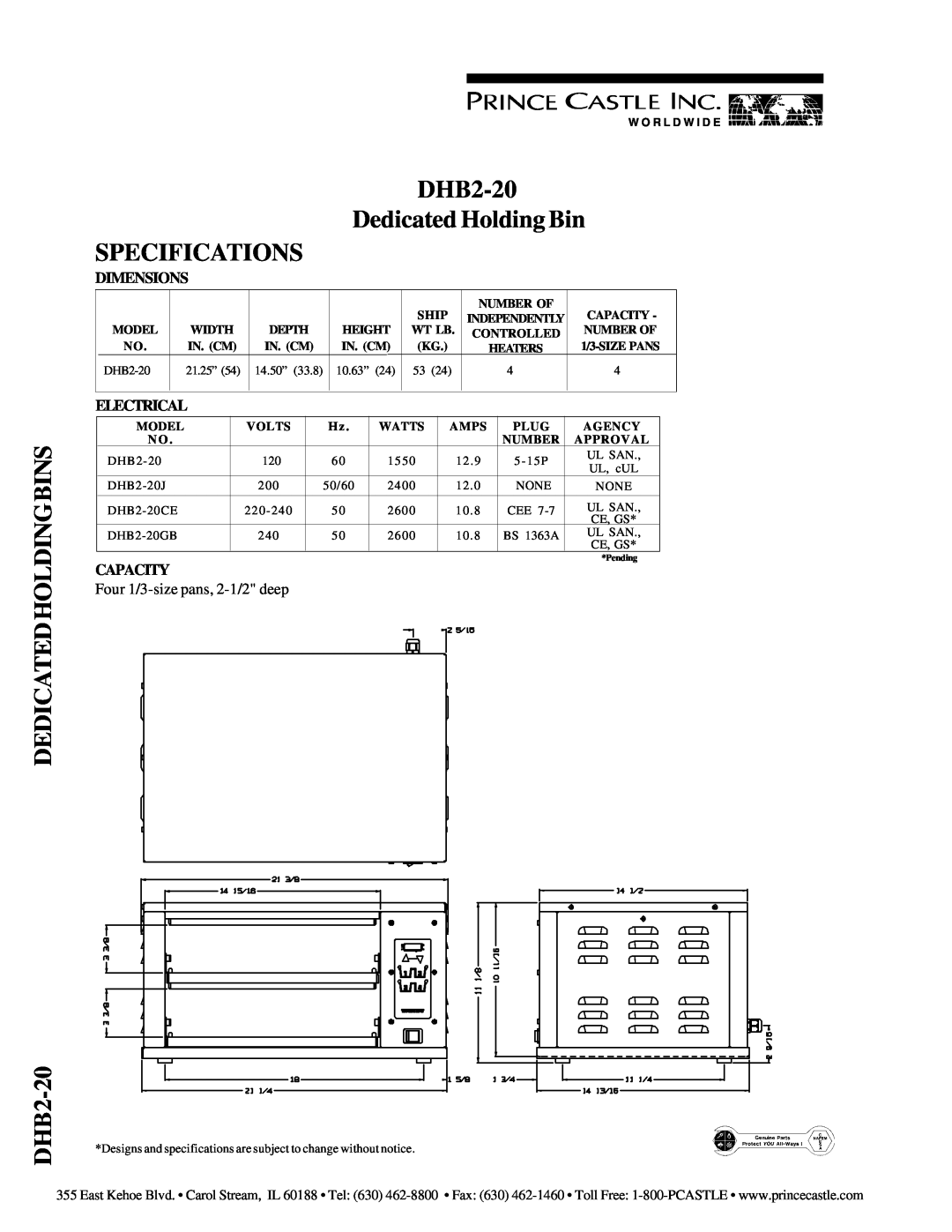 Prince Castle DEDICATEDHOLDINGBINS DHB2-20, DHB2-20 Dedicated Holding Bin SPECIFICATIONS, Dimensions, Electrical, Ship 