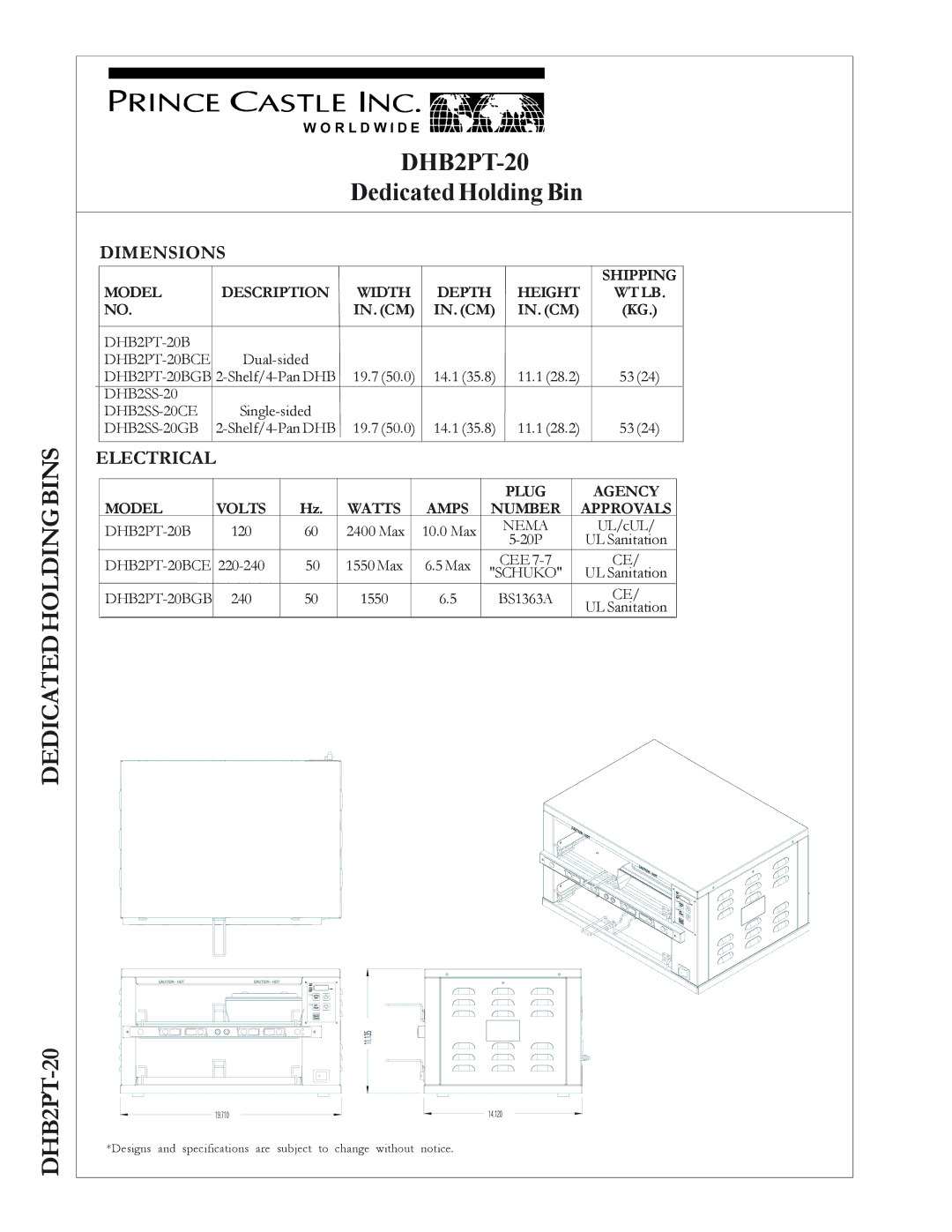 Prince Castle DHB2PT-20 warranty Dimensions, Electrical, Shipping Model Description Width Depth Height WT LB 