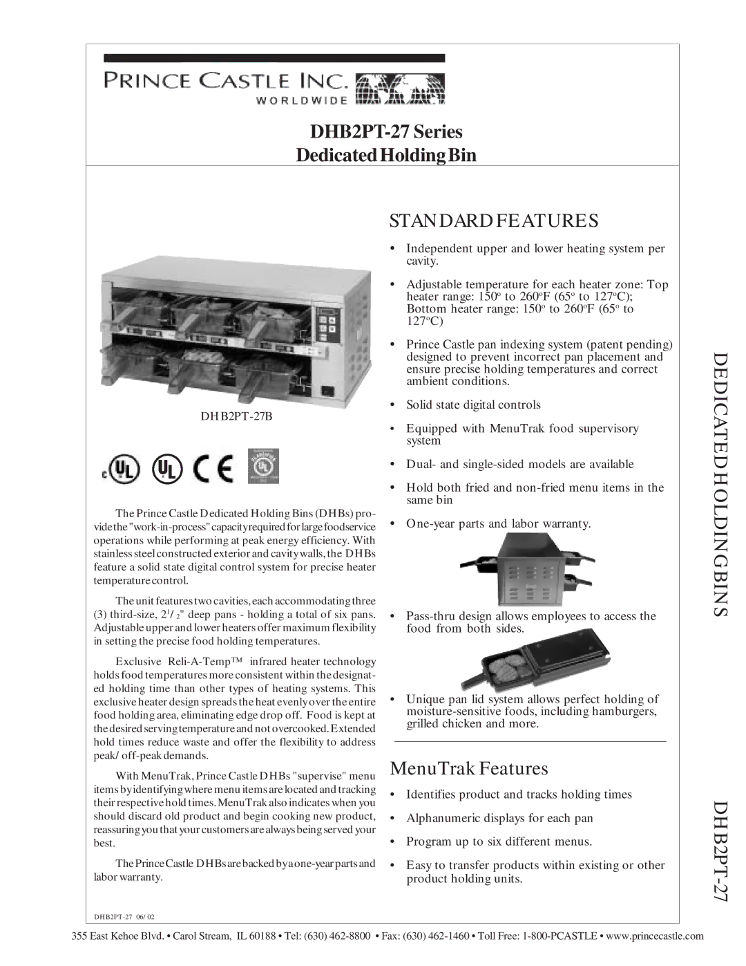 Prince Castle warranty DHB2PT-27 Series Dedicated Holding Bin, DHB2PT-27B 