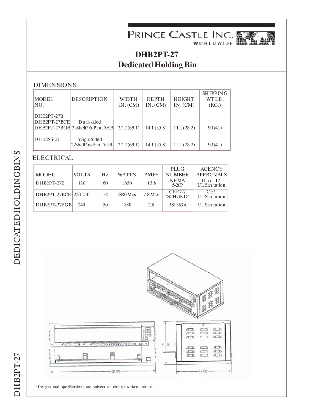 Prince Castle DHB2PT-27 warranty Dimensions, Electrical, Shipping Model Description Width Depth Height WT LB 