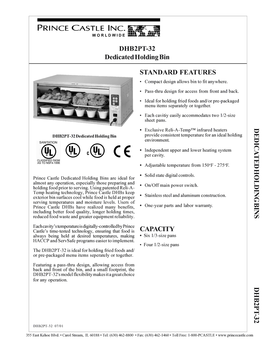 Prince Castle DHB2PT-32 warranty DedicatedHoldingBin, Standard Features, Dedicatedholdingbins, Capacity 