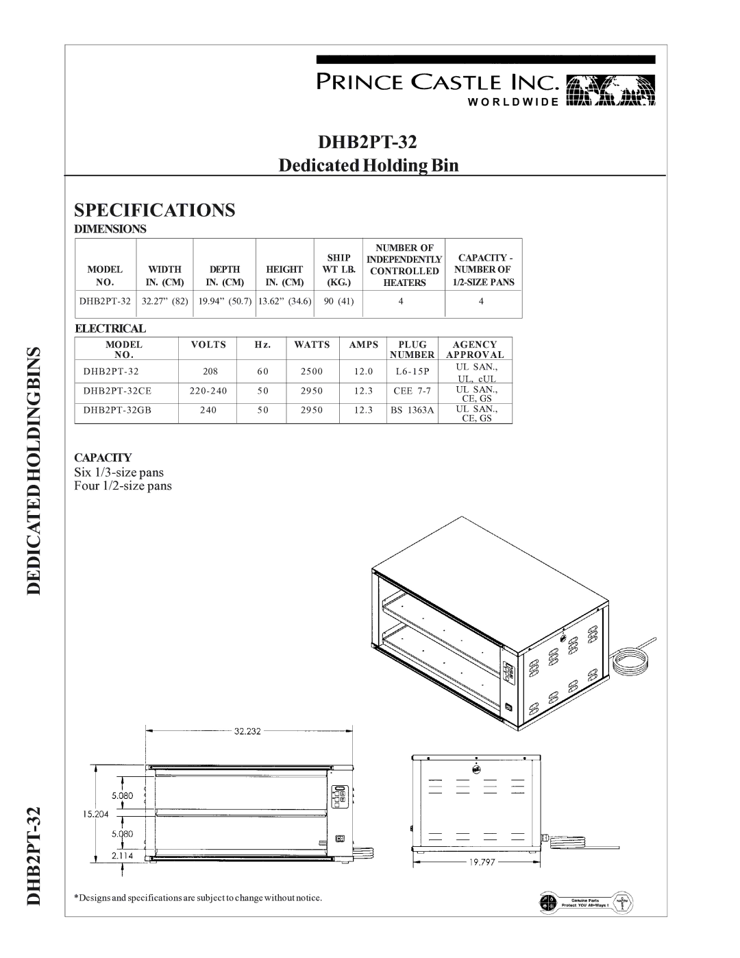 Prince Castle warranty Dedicatedholdingbins DHB2PT-32, Specifications, Dimensions, Electrical, Capacity 