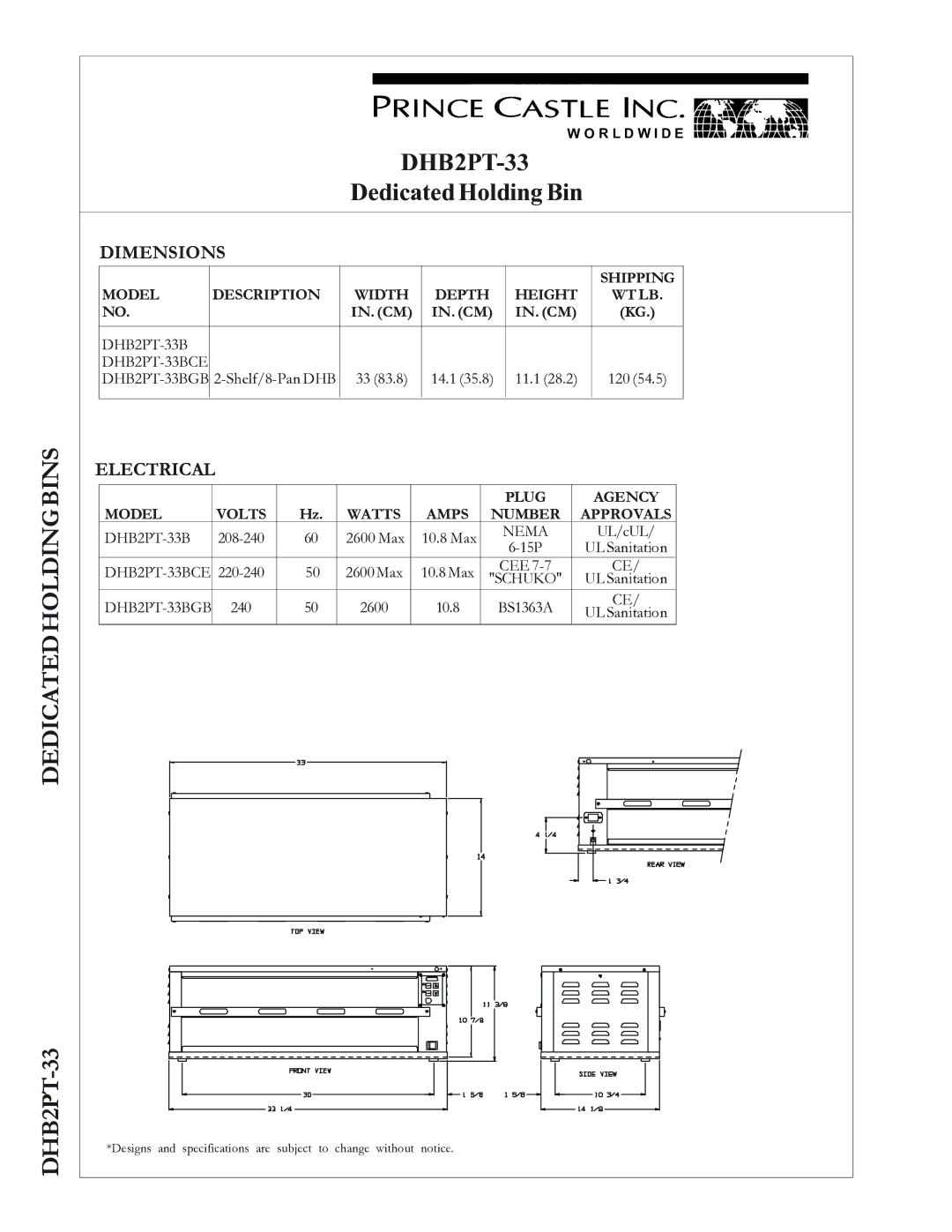 Prince Castle DHB2PT-33 warranty Dimensions, Electrical, Shipping Model Description Width Depth Height WT LB 