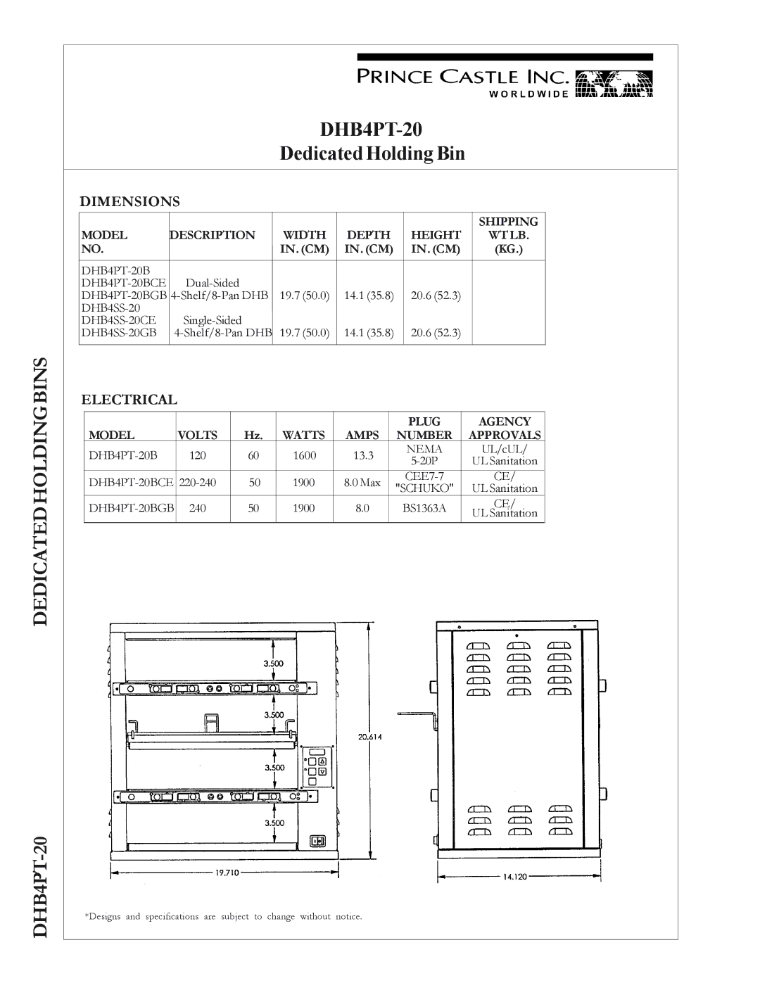 Prince Castle DHB4PT-20 warranty Dimensions, Electrical, Shipping Model Description Width Depth Height WT LB 