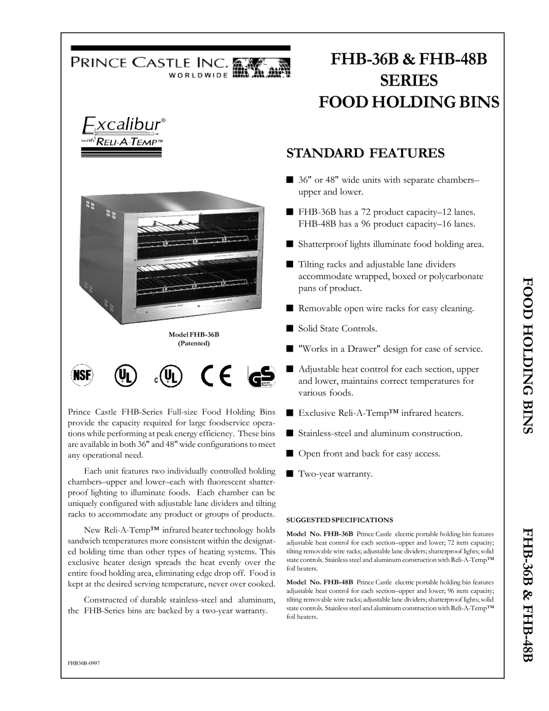 Prince Castle warranty Series Food Holding Bins, Standard Features, Model FHB-36B Patented, Suggested Specifications 