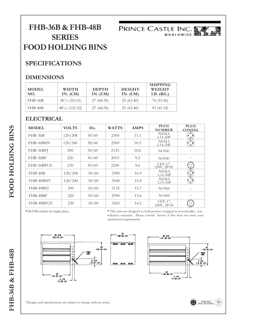 Prince Castle FHB-48B, FHB-36B warranty Specifications, Dimensions, Electrical 