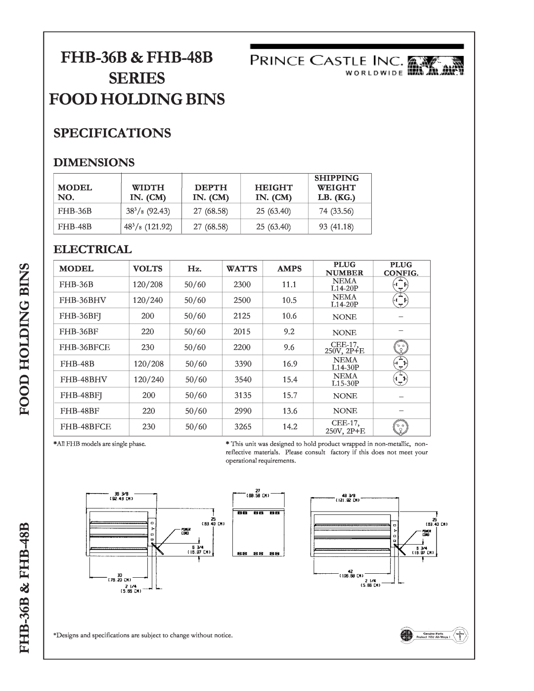Prince Castle Specifications, FHB-36B& FHB-48B SERIES FOOD HOLDING BINS, FOOD HOLDING BINS FHB-36B& FHB-48B, Dimensions 