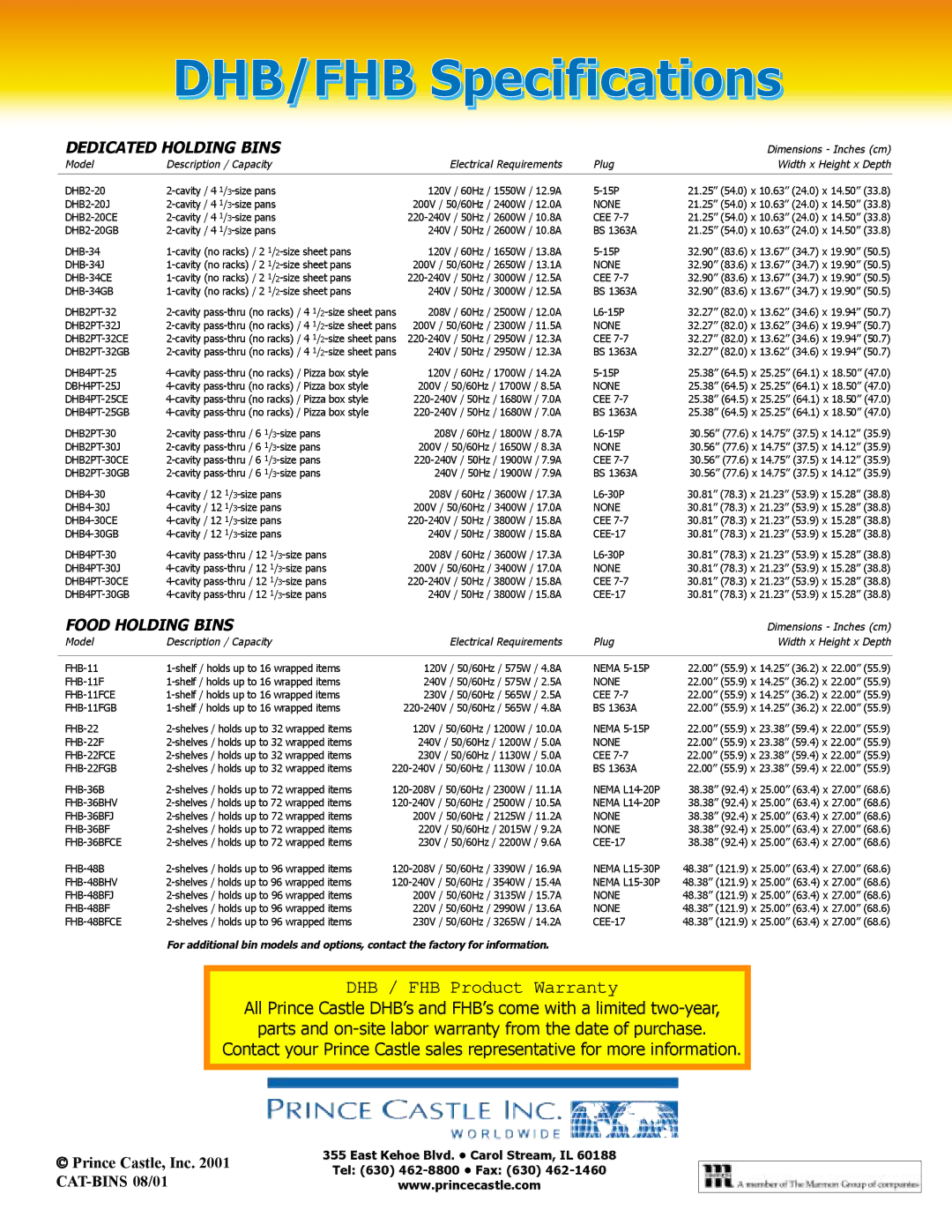 Prince Castle none manual DHB / FHB Product Warranty 