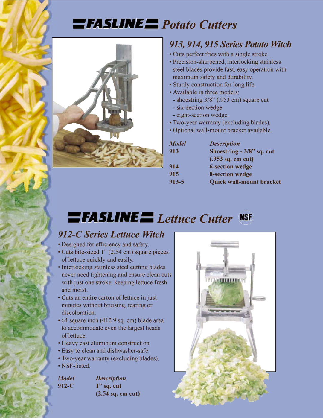 Prince Castle Dicers, Slicers manual Potato Cutters, Lettuce Cutter, 913, 914, 915 Series Potato Witch, Series Lettuce Witch 