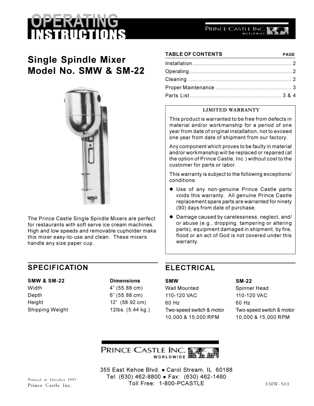 Prince Castle SMW, SM-22 specifications Specification, Electrical 