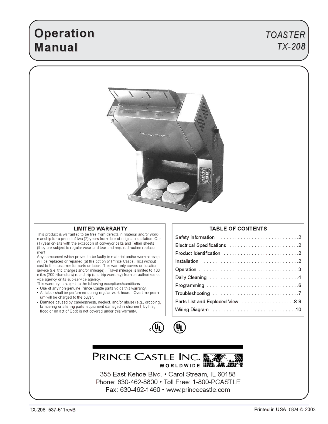 Prince Castle operation manual Toaster TX-208 