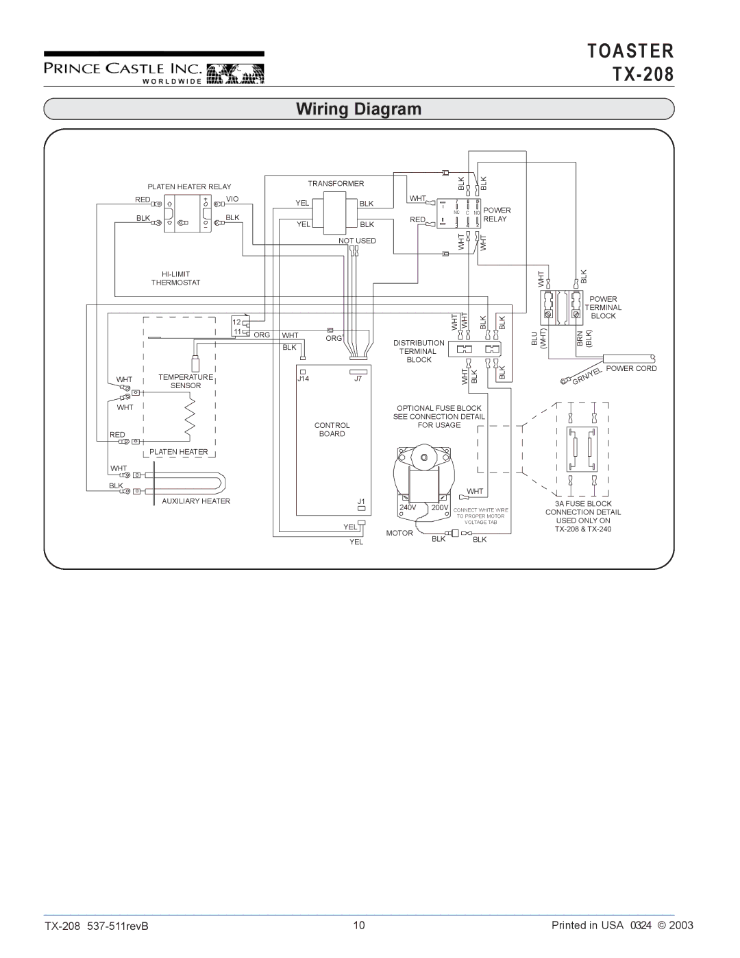 Prince Castle TX-208 operation manual Wiring Diagram 