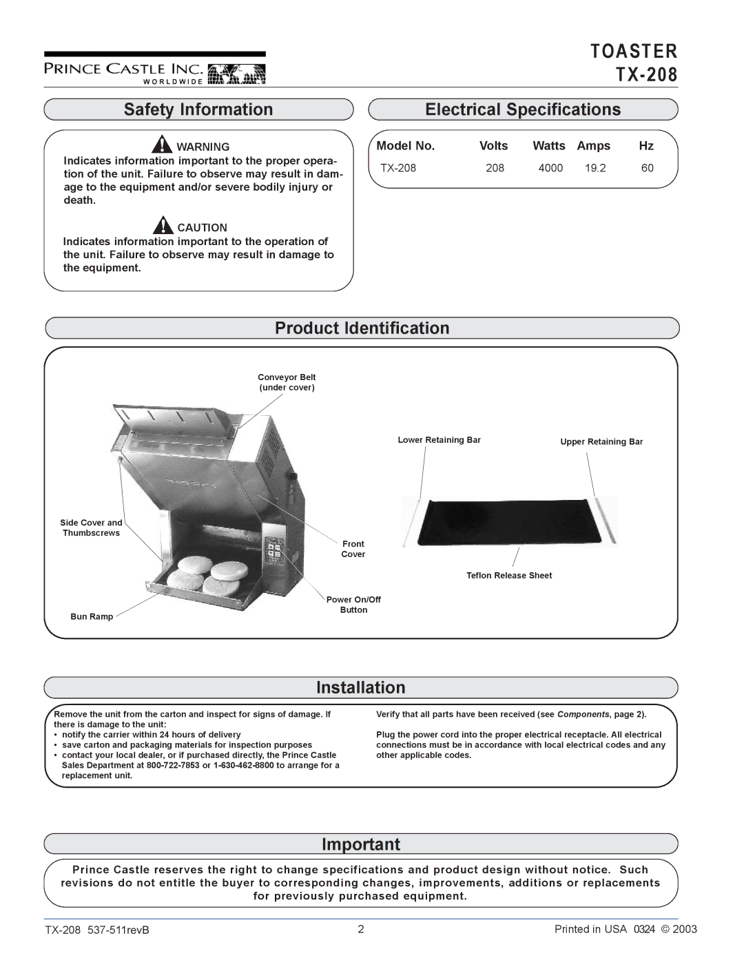 Prince Castle TX-208 operation manual Safety Information, Electrical Specifications, Product Identification, Installation 