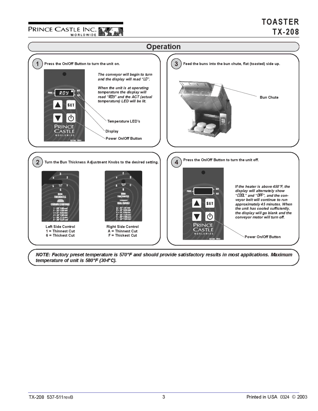 Prince Castle TX-208 operation manual Toaster, Operation 