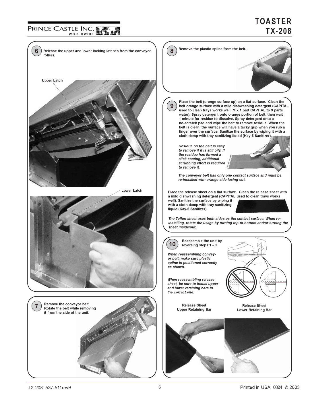 Prince Castle TX-208 operation manual Remove the conveyor belt 