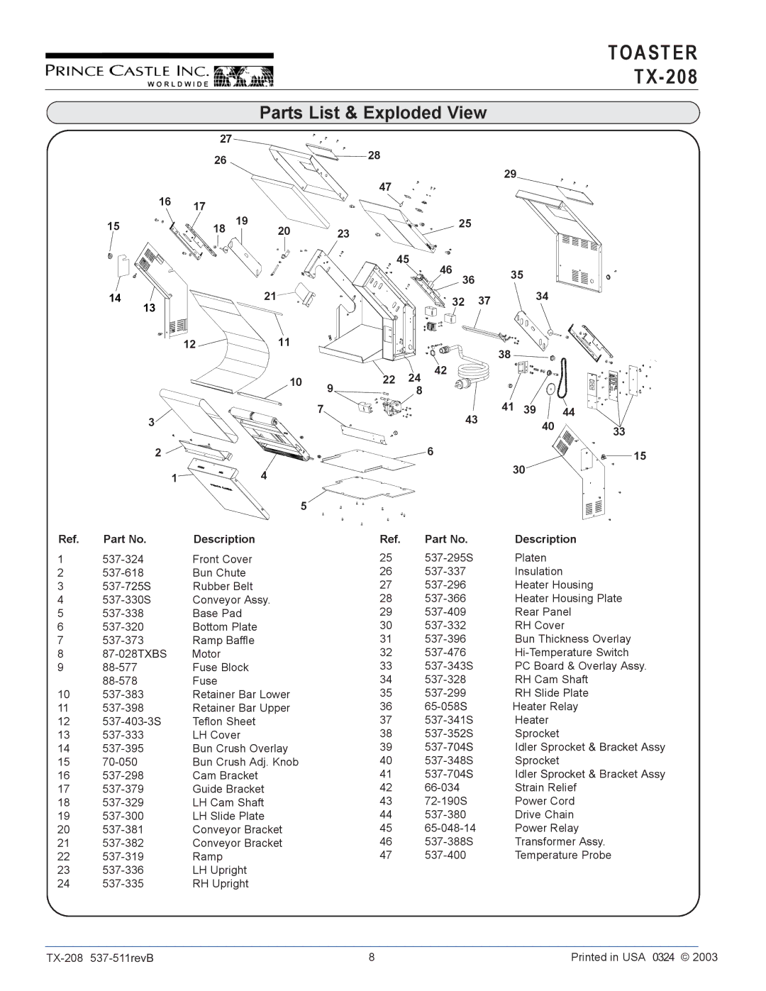 Prince Castle TX-208 operation manual Parts List & Exploded View, Description 