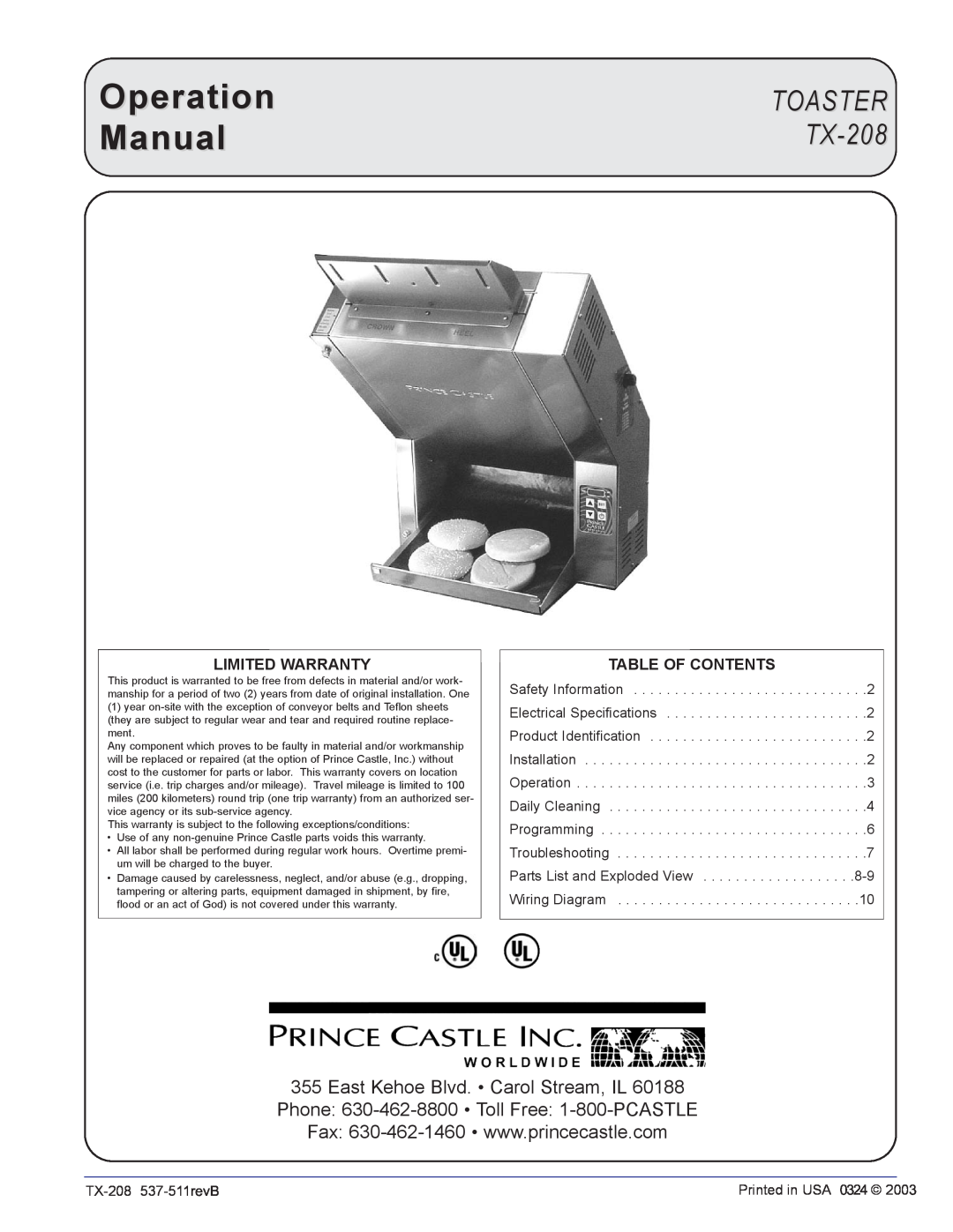 Prince Castle operation manual Limited Warranty, Table Of Contents, Operation Manual, TOASTER TX-208 
