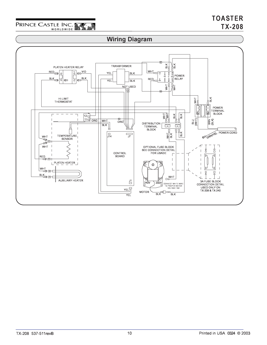 Prince Castle Wiring Diagram, TOASTER TX-208, Nc C, 200V CONNECT WHITE WIRE, To Proper Motor, Voltage Tab 