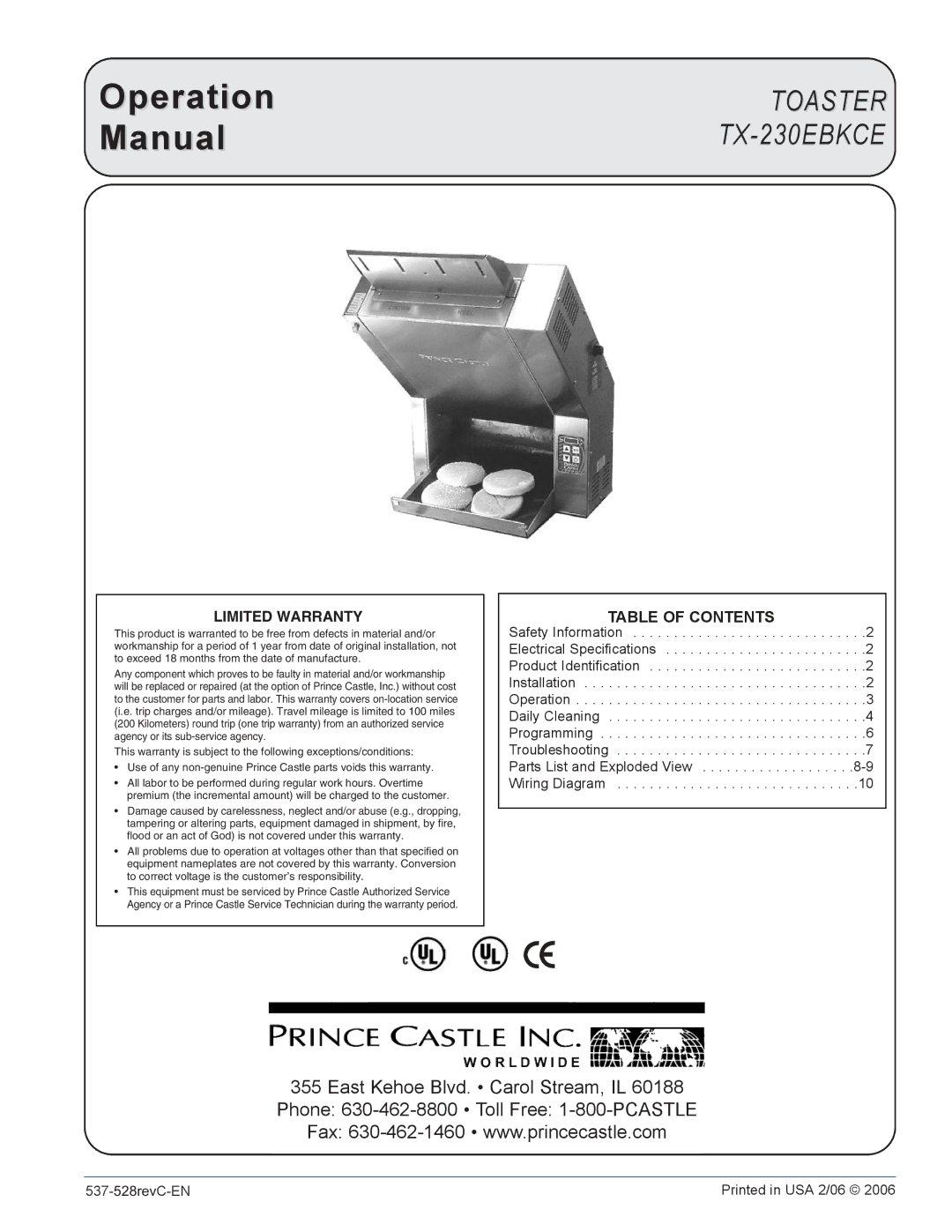 Prince Castle operation manual Toaster TX-230EBKCE 