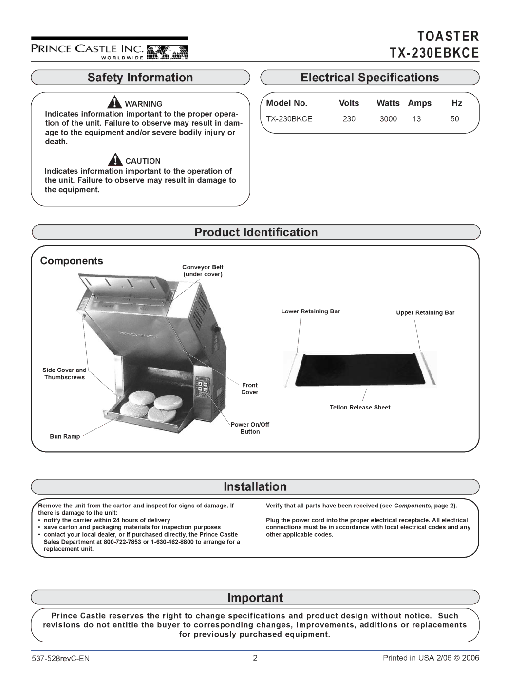 Prince Castle TX-230EBKCE Safety Information, Electrical Specifications, Product Identification, Installation 