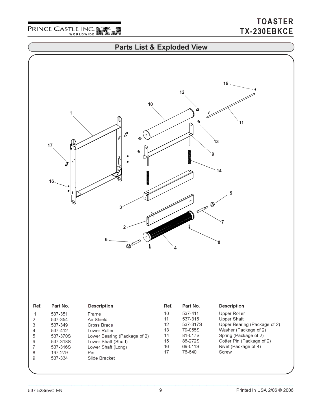 Prince Castle TX-230EBKCE operation manual Toaster TX-230E Bkce 