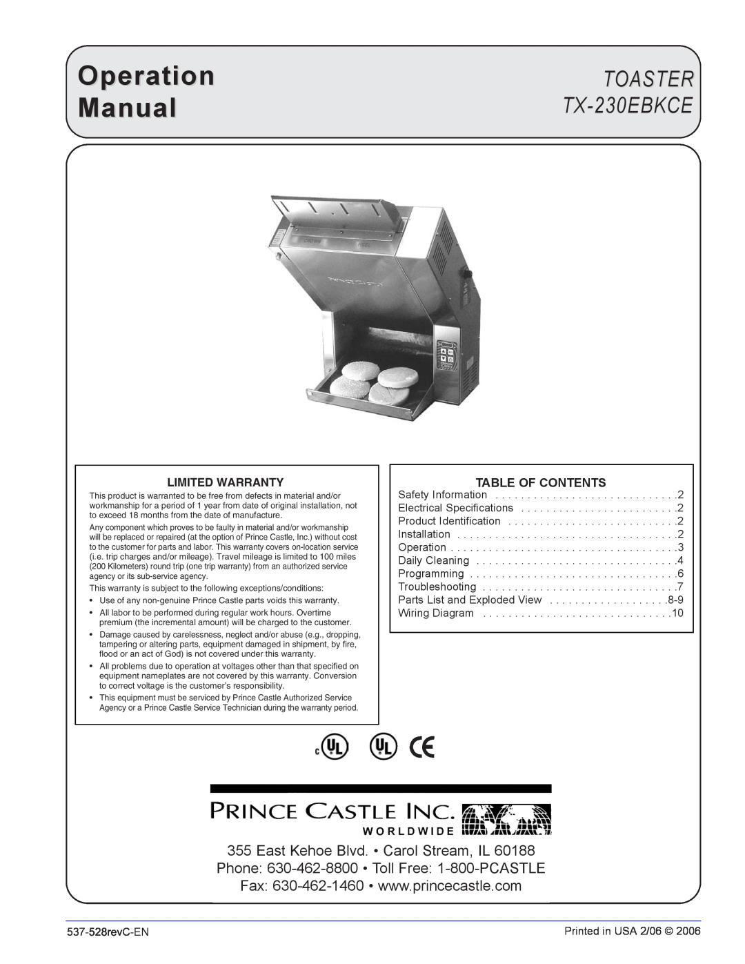 Prince Castle operation manual Table Of Contents, TOASTER TX-230EBKCE, Limited Warranty 