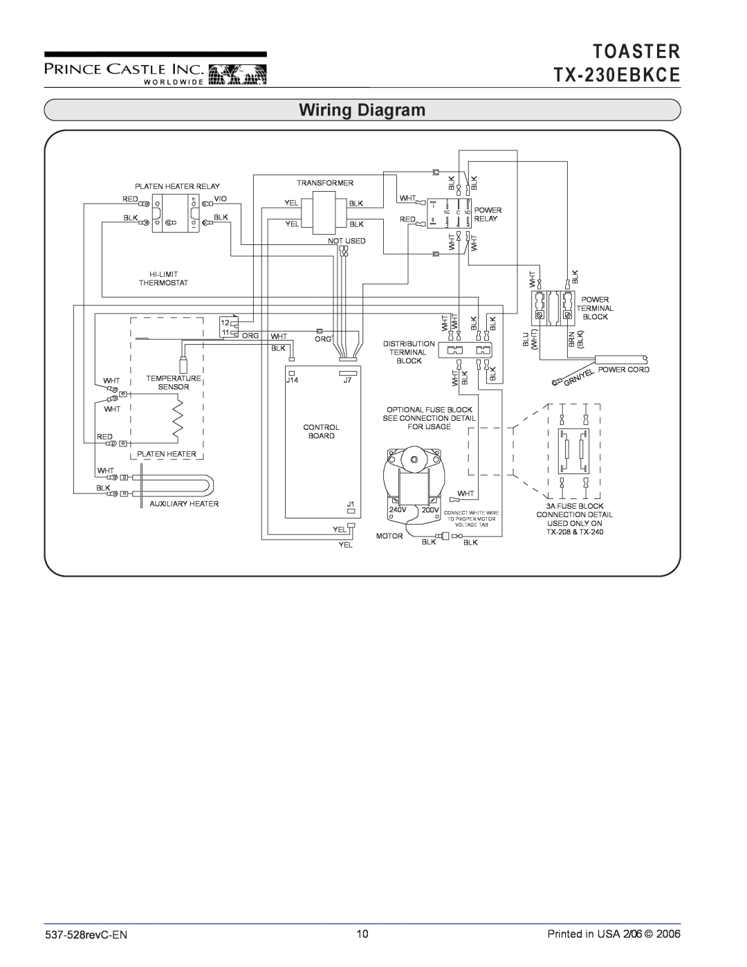 Prince Castle operation manual Wiring Diagram, TOASTER TX-230EBKCE 