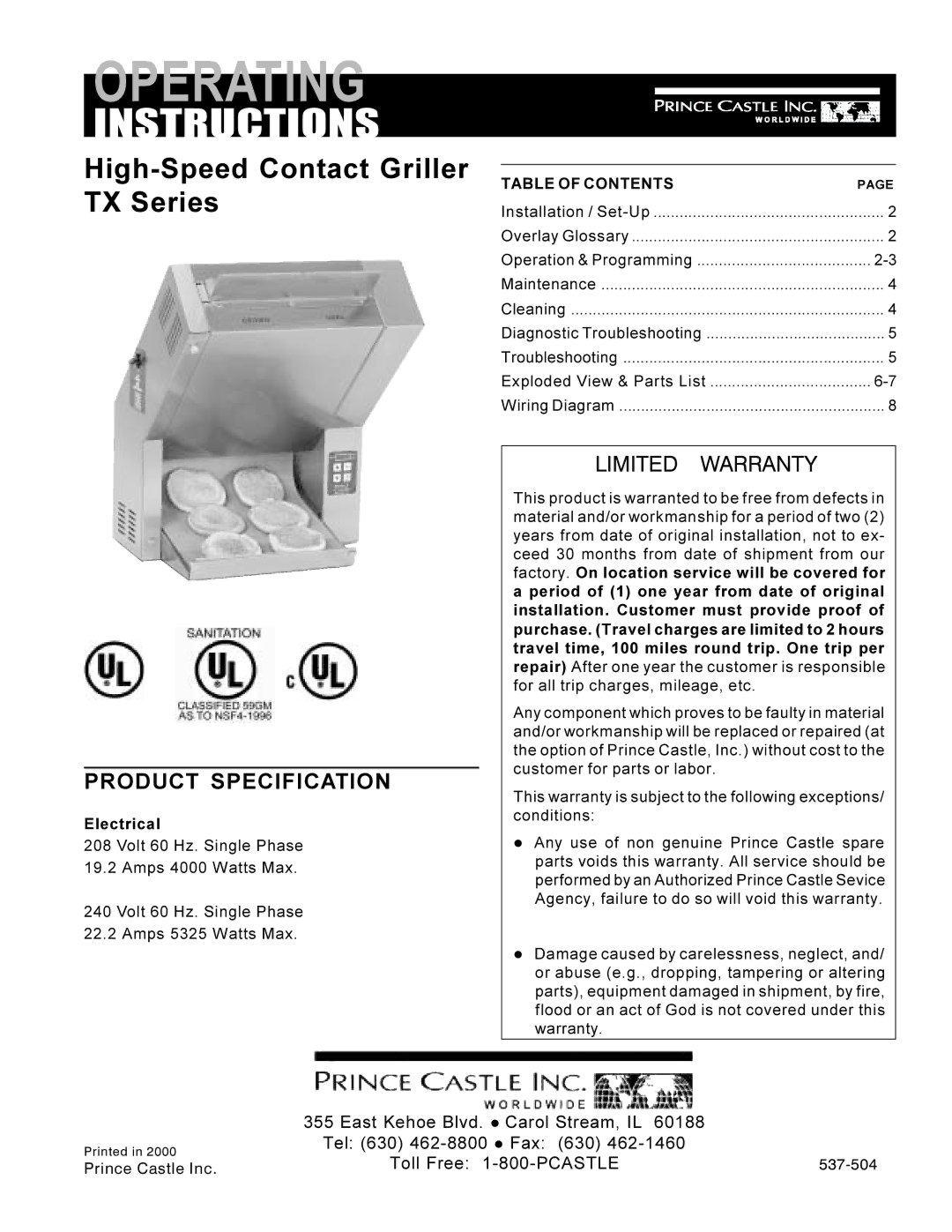 Prince Castle TX Series operating instructions Product Specification, Table of Contents 