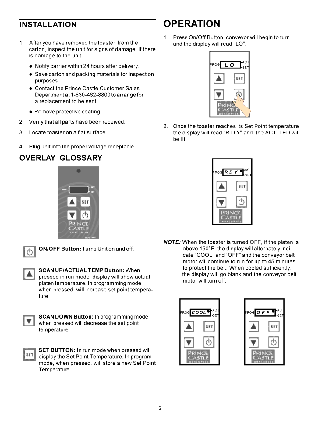 Prince Castle TX Series operating instructions Operation, Installation, Overlay Glossary 