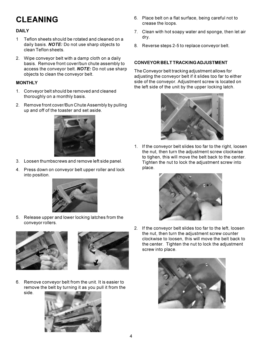 Prince Castle TX Series operating instructions Cleaning, Daily, Monthly, Conveyor Belt Tracking Adjustment 