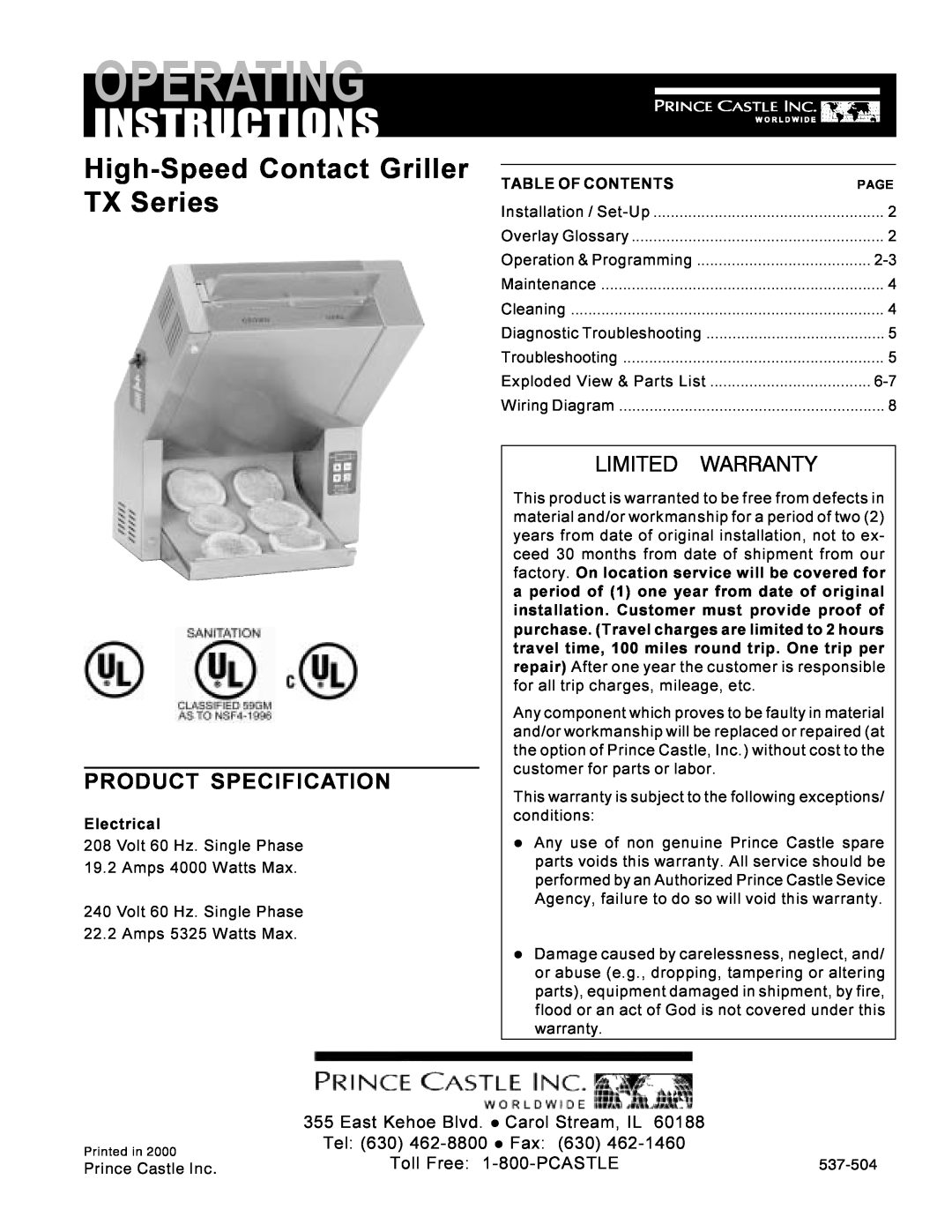 Prince Castle operating instructions High-Speed Contact Griller TX Series, Product Specification, Electrical, Operating 