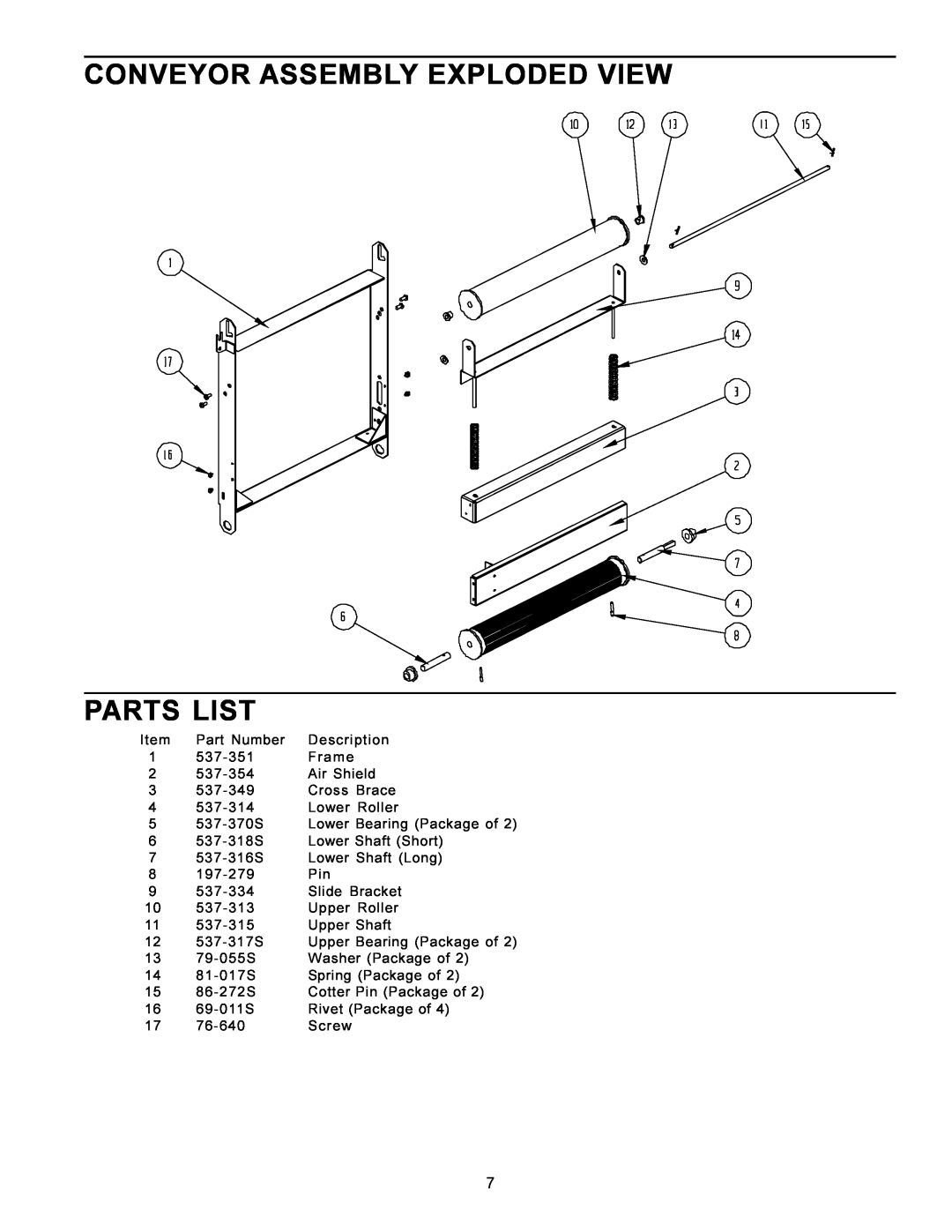 Prince Castle TX Series operating instructions Conveyor Assembly Exploded View Parts List 