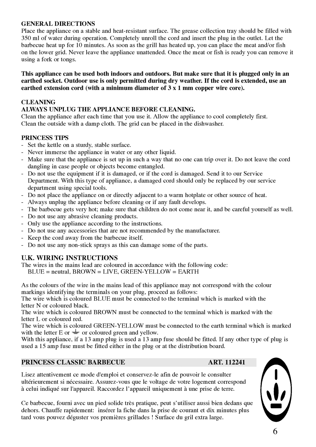 Princess 112241 manual General Directions, Cleaning Always Unplug the Appliance Before Cleaning 