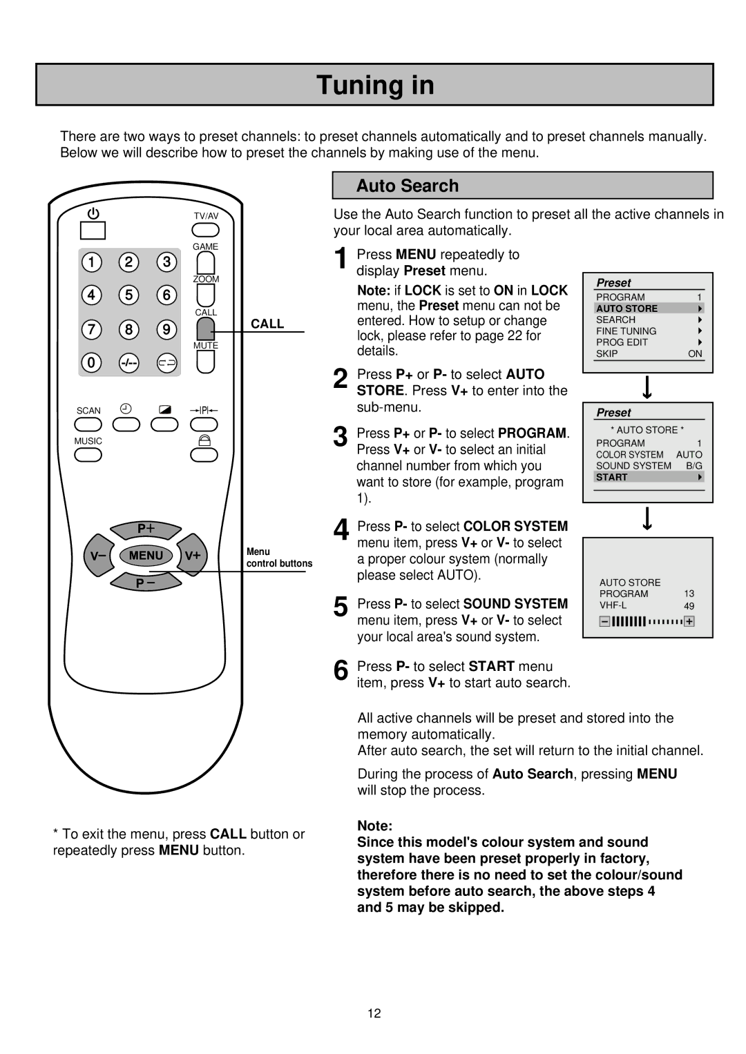 Princess Household Appliances BV 68CT8 owner manual Tuning, Auto Search 