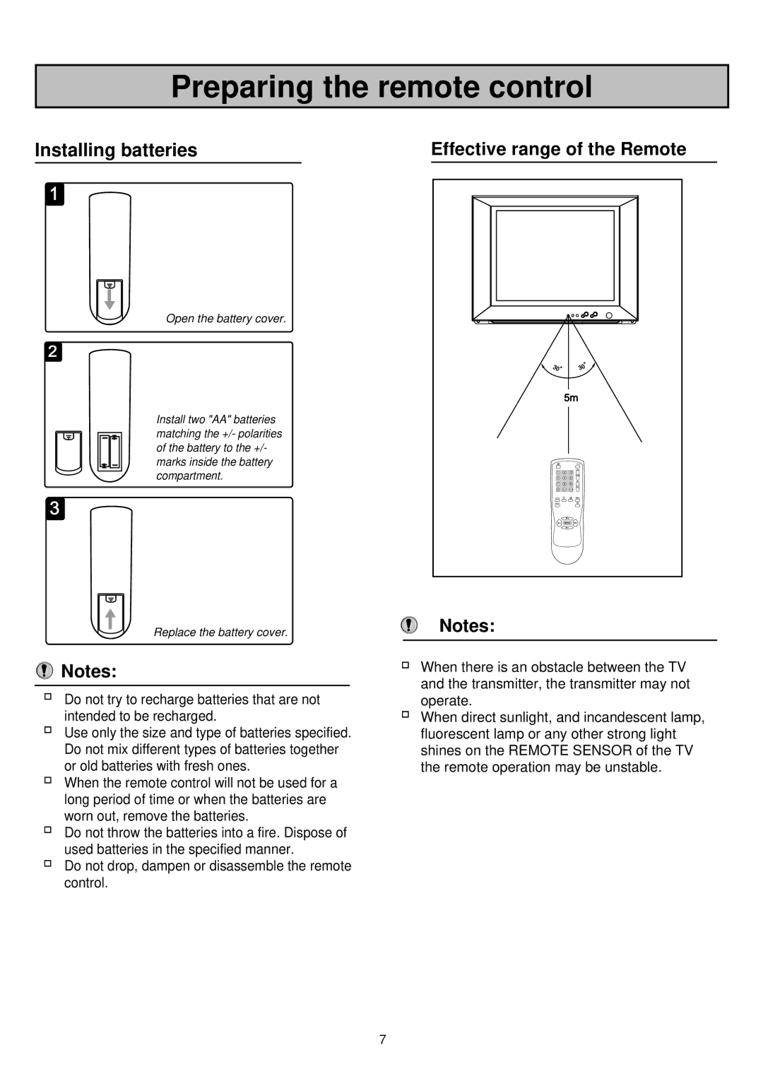 Princess Household Appliances BV 68CT8 Preparing the remote control, Installing batteries Effective range of the Remote 