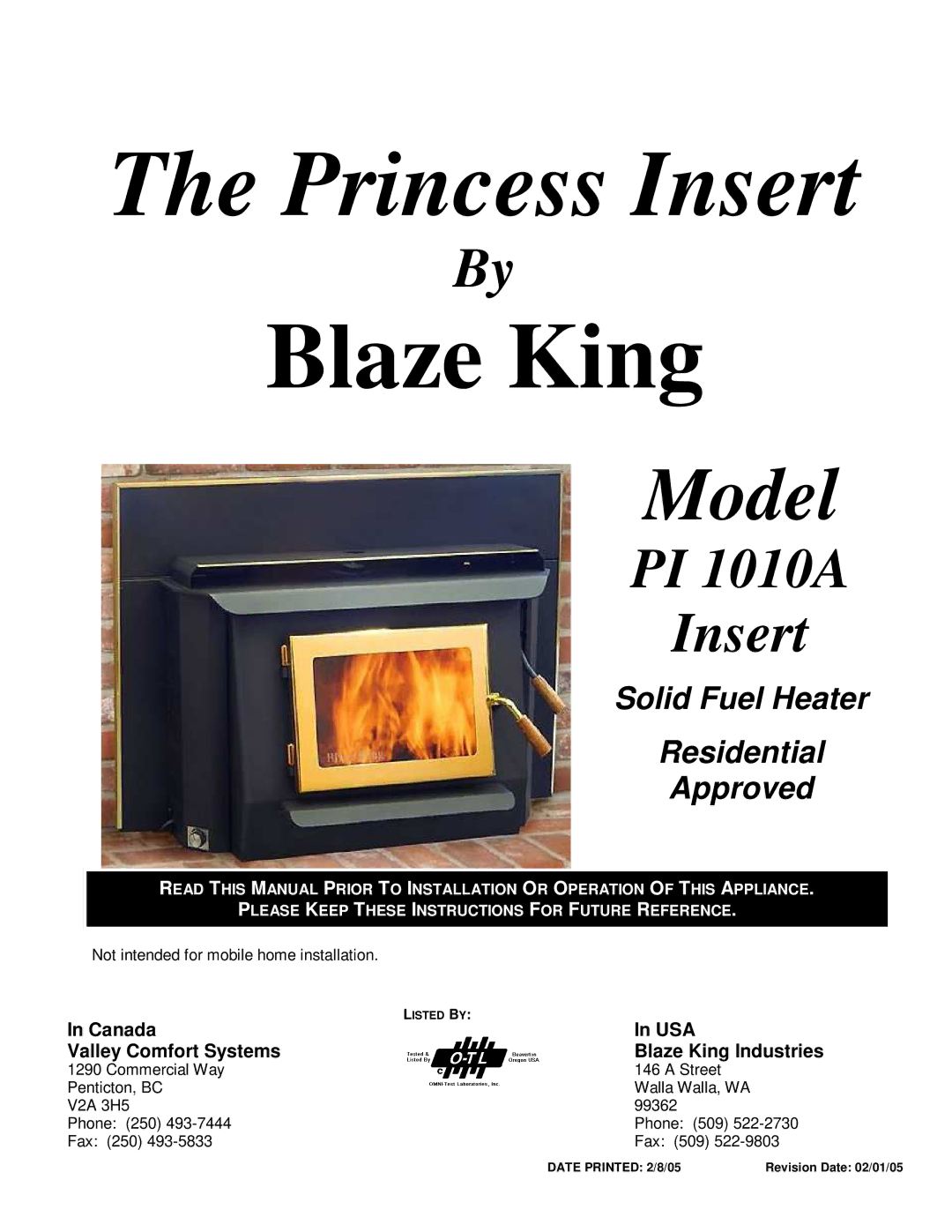 Princess PI 1010A manual Princess Insert 