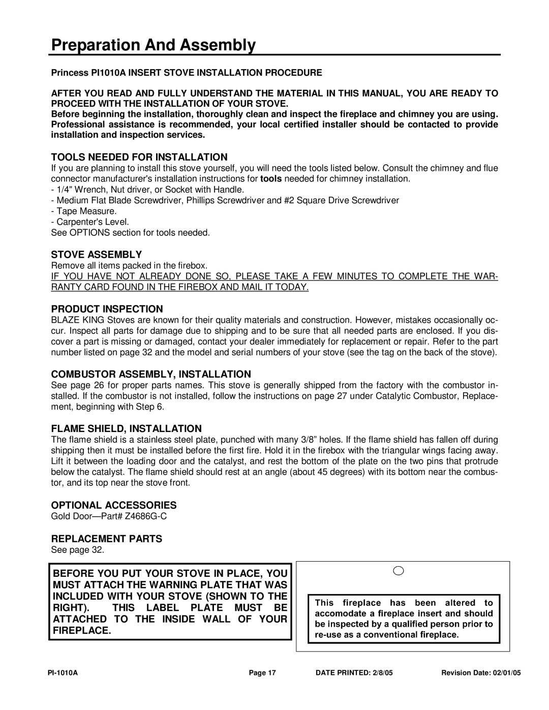 Princess PI 1010A Tools Needed for Installation, Stove Assembly, Product Inspection, Combustor ASSEMBLY, Installation 