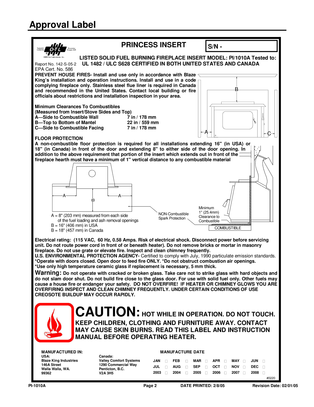 Princess PI 1010A manual Approval Label, Princess Insert 