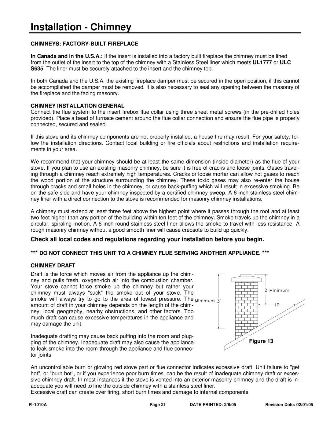 Princess PI 1010A manual Installation Chimney, Chimneys FACTORY-BUILT Fireplace, Chimney Installation General 