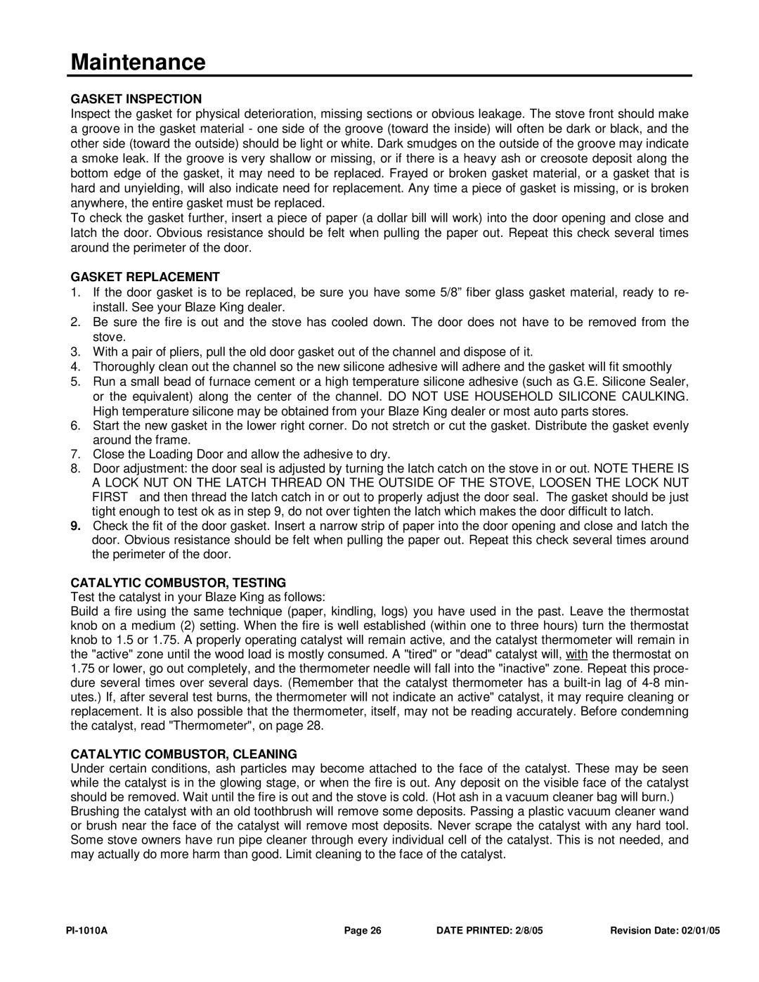 Princess PI 1010A manual Gasket Inspection, Gasket Replacement, Catalytic COMBUSTOR, Testing, Catalytic COMBUSTOR, Cleaning 