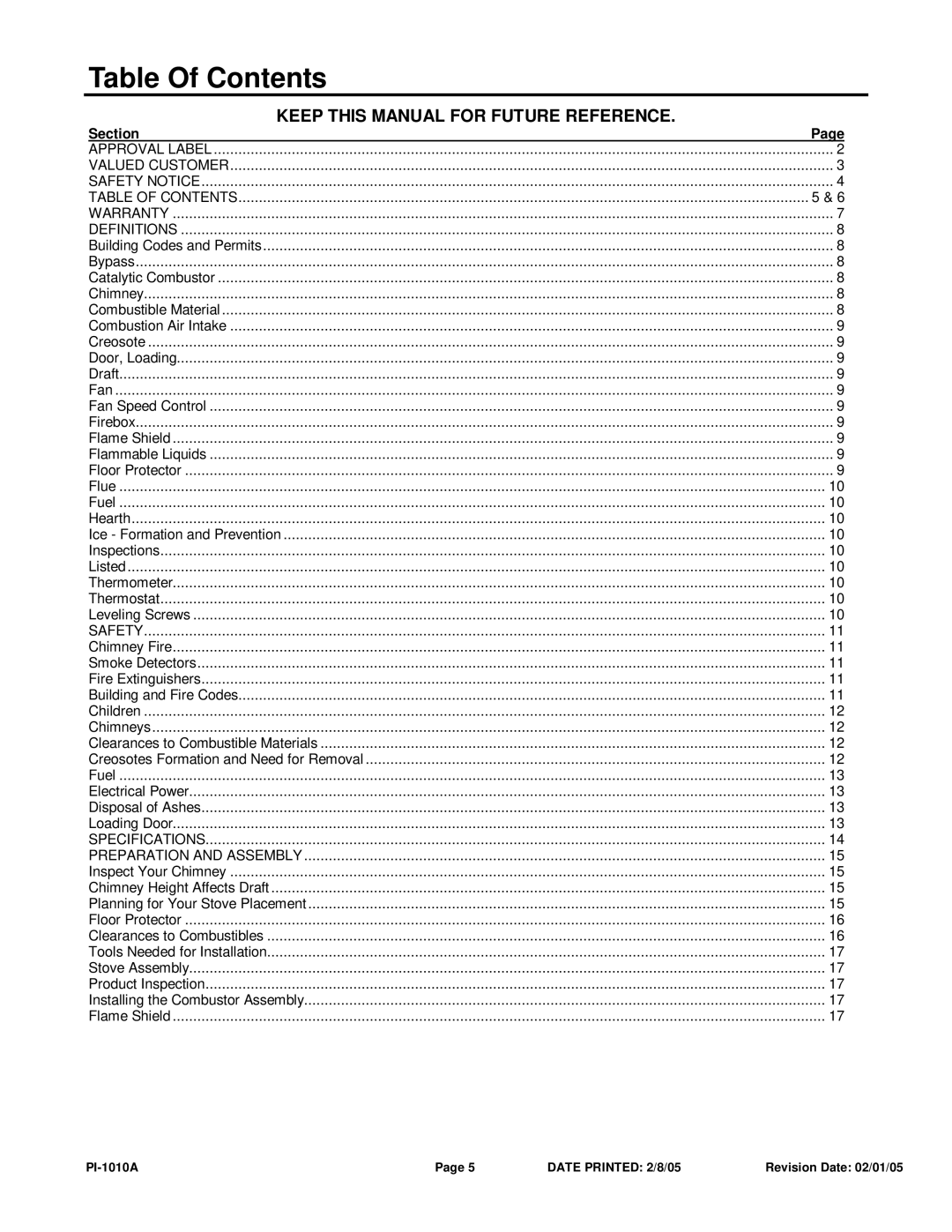 Princess PI 1010A manual Table Of Contents 