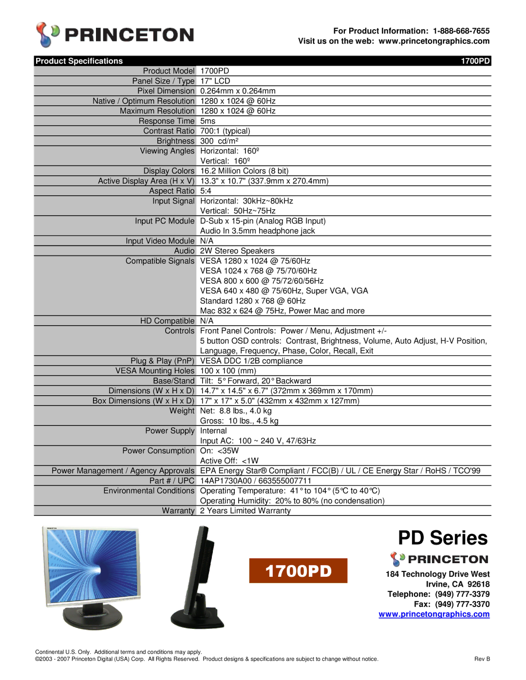 Princeton specifications PD Series, For Product Information, Product Specifications 1700PD 