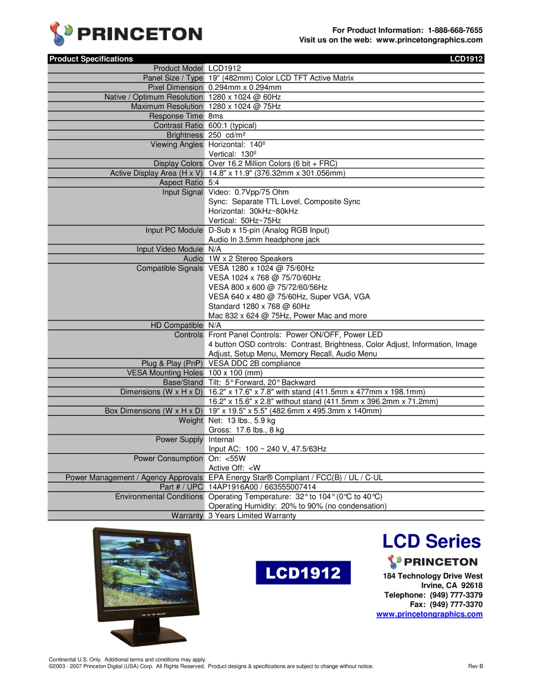 Princeton specifications LCD Series, For Product Information, Product Specifications LCD1912 