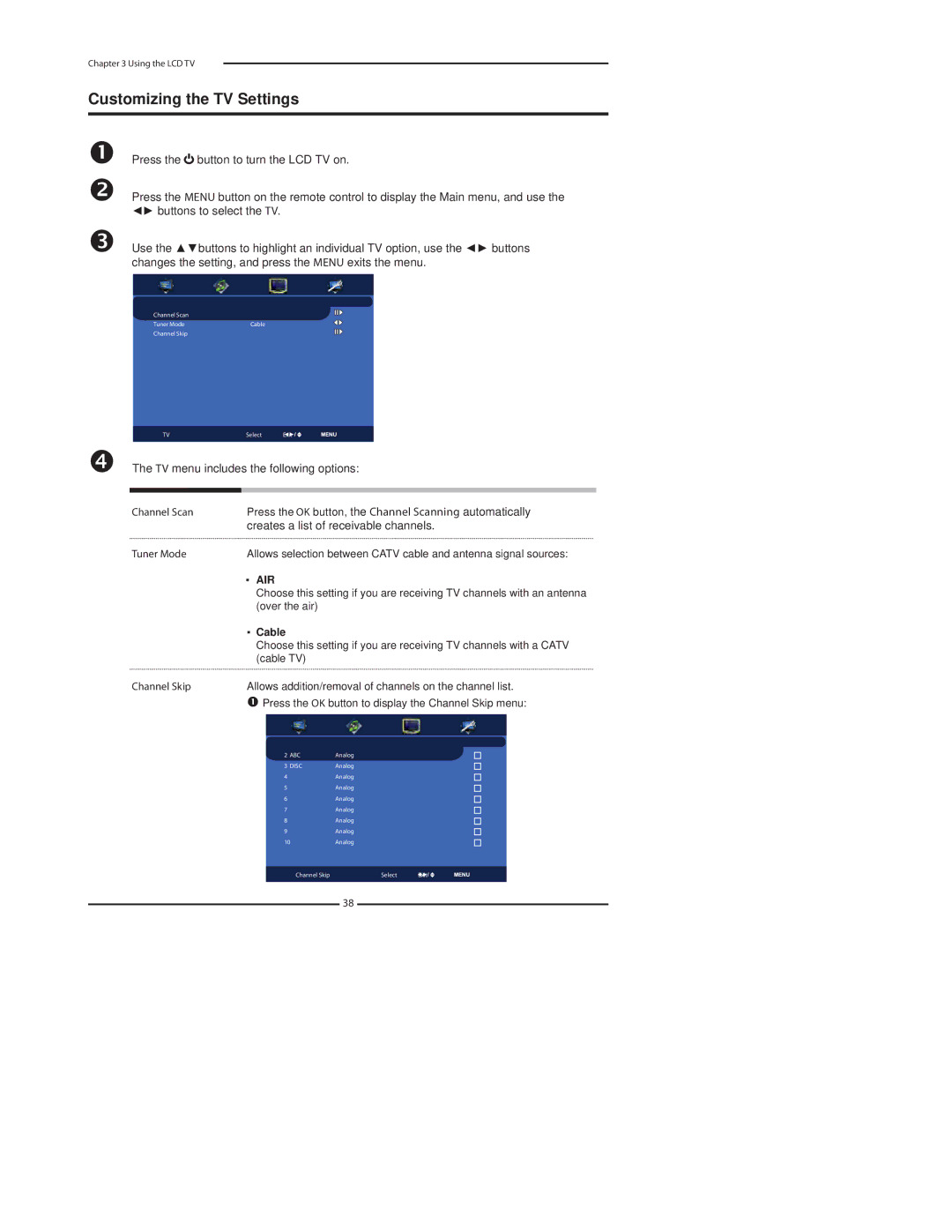 Princeton Digital (USA) TLA-04641C manual Customizing the TV Settings, TV menu includes the following options 